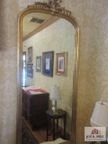Large gold color framed wall mirror with granite topped stand MUST BRING HELP TO LOAD