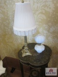 small side table, lamp and oil lamp