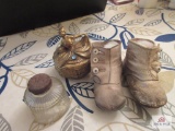 Vintage items, baby shoes, ballerina trinket box, ink bottle