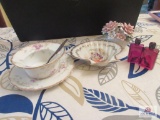 Vintage d?cor flower basket, two bottles, plate and dishes