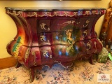 Painted chest, approx. 30inches tall by 76 inches long with stone top. Chest only, top items sold