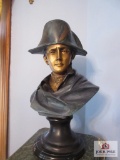Wood and brass trimmed pedestal with marble top and bust of Napoleon