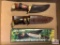 [340] Three fixed blade hunting knives w/leather sheaths