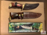 [340] Three fixed blade hunting knives w/leather sheaths