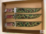 [345] Three fixed blade hunting knives w/camo sheaths