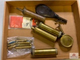 [553] Brass powder flasks, spouts, leather shot bag, etc