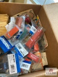 Box lot of RR car couplers and small train accessories