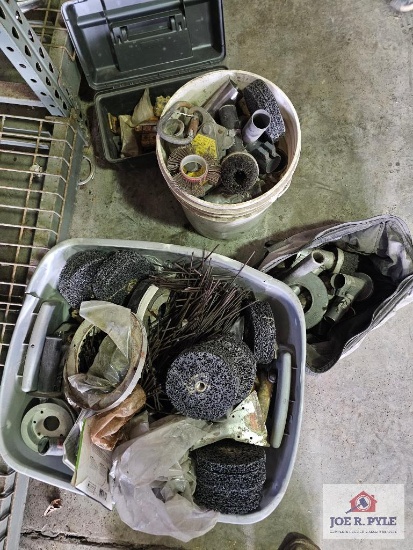 Misc. tote and bucket of tool parts on wire shelf