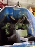 Blue tote of misc. tool parts on wire shelf