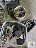 Misc. tote and bucket of tool parts on wire shelf