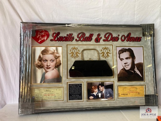 Lucille Ball / Desi Arnaz signed checks photo with Ball-owned handbag