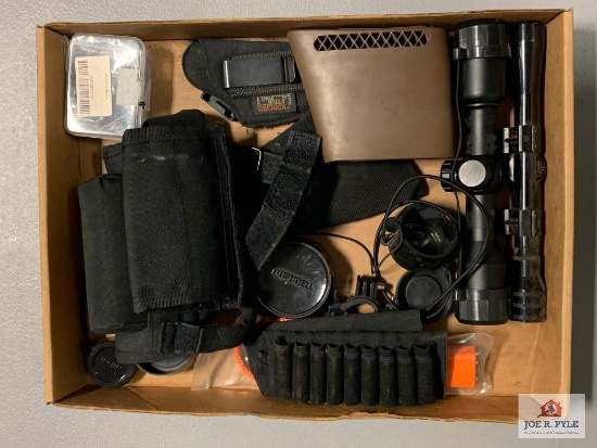 [519] Mixed Lot: Ammo Saddles, Scopes, Scope Covers, Nylon Holster, Etc.
