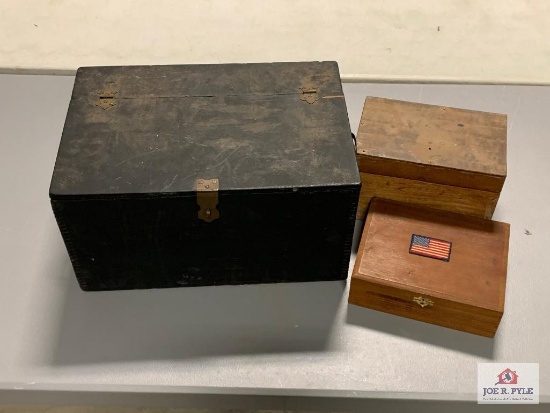 [455] Wooden Box w/Metal Furniture and 2 other smaller boxes