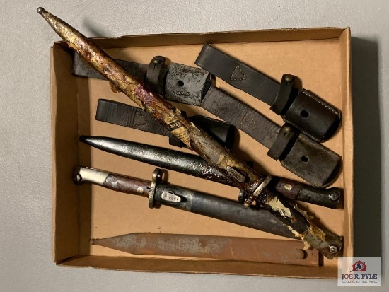 [472] Three bayonets w/sheaths, 1 sheath, 4 leather frogs