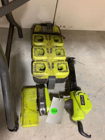 Ryobi charger, caulk gun, drill bits