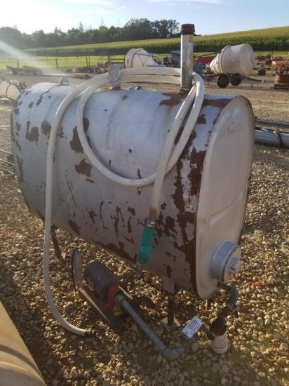APPROXIMATELY 180 GALLON GAS BARREL W/PUMP HOSE