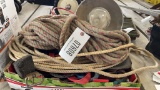 BOX OF HALTERS, LEAD ROPES & HEAT LAMP