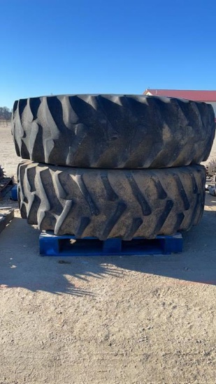 PAIR OF 18.4 X 38 TIRES ON 9 BOLT JOHN DEERE RIMS