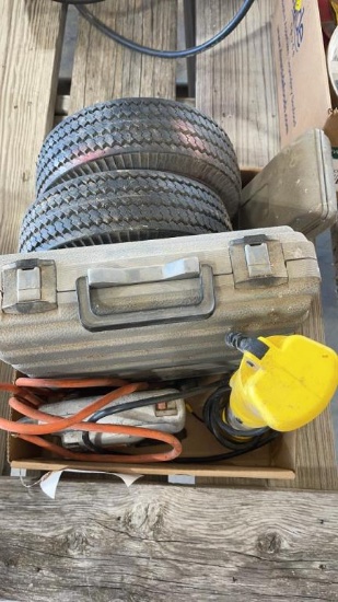 BOX 2 TIRES, DRILL, SKILSAW, AND SHOP LIGHT