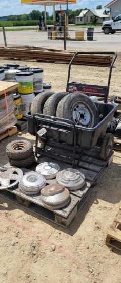 PALLET ASSORTED TIRES AND 1 WHEEL BARROW