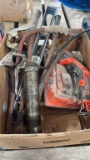 MISC BOX OF TOOLS (LEVEL, GREASE GUNS, BOLT CUTTER