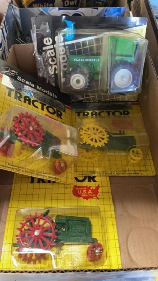 BOX OF 2-JOHN DEERE AND 2-OLIVER TOY TRACTORS