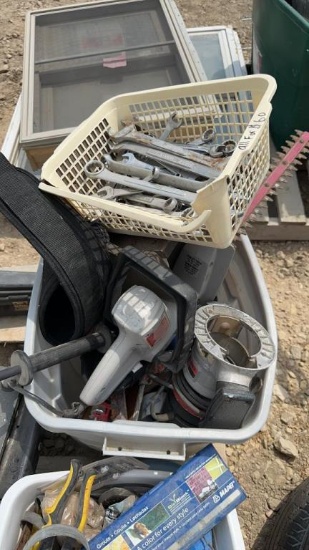 TOTE WITH WRENCHES, SOCKETS, SAWS, ETC