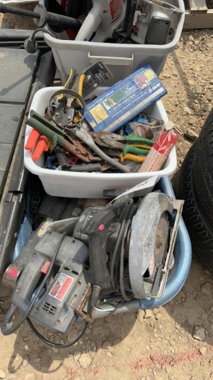 TOTE WITH WRENCHES, SOCKETS, SAWS, ETC