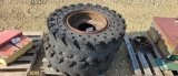 PAIR OF SOLID RUBBER LOADER TIRES ON 5 BOLT RIMS