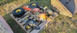 PALLET OF CHAINSAWS AND 2  FRONT LAWN MOWER TIRES