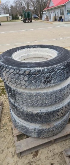 (4) 11.00 X 22.5 TIRES ON DAYTON RIMS