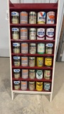 OIL CAN COLLECTION OF 30 QTS W/ DISPLAY CABINET