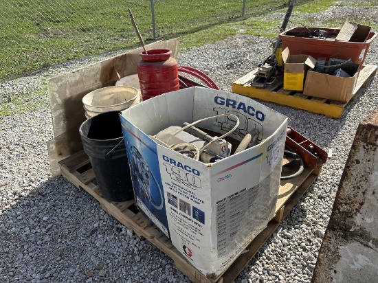 paint sprayer and misc hardware on pallet