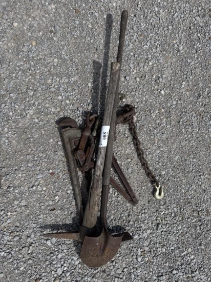 Pick Axe, Shovel, Chain Binders (2) Pipe Wrench