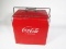 1950s Coca-Cola metal picnic cooler with embossed lettering. Sandwich tray inside and side mounted b