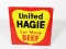 1950s United Hagie Eat More Beef single-sided tin sign. Good gloss and colors. Size: 15