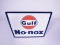 NOS late 1950s-early 60s Gulf No-Nox single-sided porcelain pump plate sign with Gulf logo. Size: 11