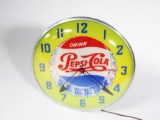 Terrific 1950s Drink Pepsi-Cola glass-faced light-up diner clock with single-dot bottle-cap logo. Ve