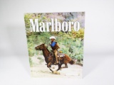 NOS vintage Marlboro Cigarettes single-sided embossed tin sign with horse/rider graphic. Size: 17.5