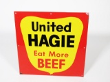 1950s United Hagie Eat More Beef single-sided tin sign. Good gloss and colors. Size: 15