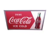 Large 1950 Coca-Cola self-framed tin diner sign with bottle graphic. Interior field is very nice. Si