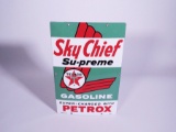 NOS 1963 Texaco Sky Chief Gasoline with Petrox single-sided porcelain pump plate sign. Found unused.