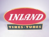 Late 1940s-early 50s Inland Tires-Tubes single-sided embossed tin garage sign. Size: 27