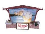 Seldom seen circa 1960s Hamm's Beer light-up chalet sign with mugs motif. Lights and works well. Siz