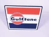 Minty late 1950s-early 60s Gulftane Gasoline single-sided porcelain pump plate sign with Gulf Oil lo