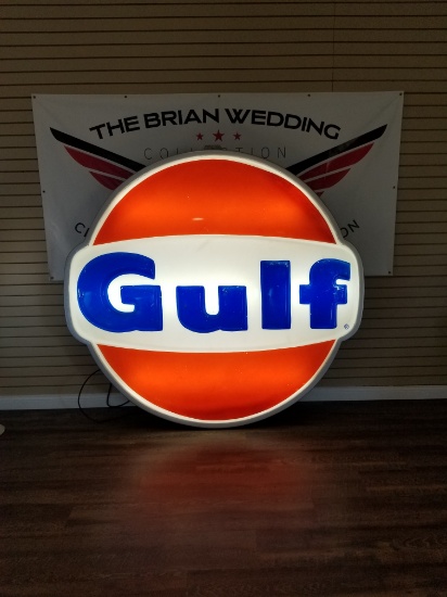 "Gulf" lighted single sided sign approximately 79"x73"
