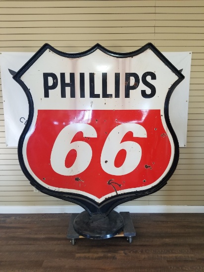 "PHILLIPS 66" Double sided porcelain sign with steel frame and base. Approximately 72"X71"