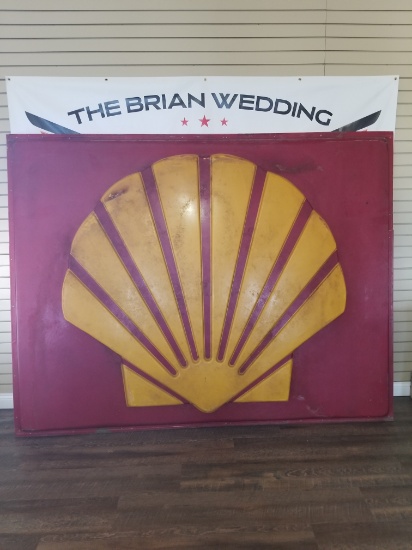 "SHELL" Plastic single sided sign. Has a small crack from lip out onto body. 95.5"x74"