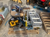 PALLET OF MISC TOOLS, AIR HOSE, STEP LADDER, DEWALT MITER