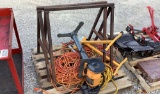 SAWHORSES,EXTENSIONCORDS,DEAD MAN W ROLLER, BENCH GRINDER W STAND